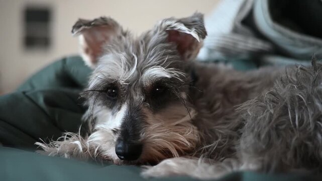 Tired miniature schnauzer dog lying on a bed