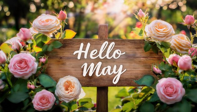 rustic wooden sign with hello may surrounded by blooming pink roses and lush greenery in a sunny garden