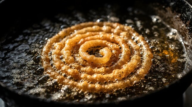 Golden jalebi spiral frying in hot oil pan with deep fried