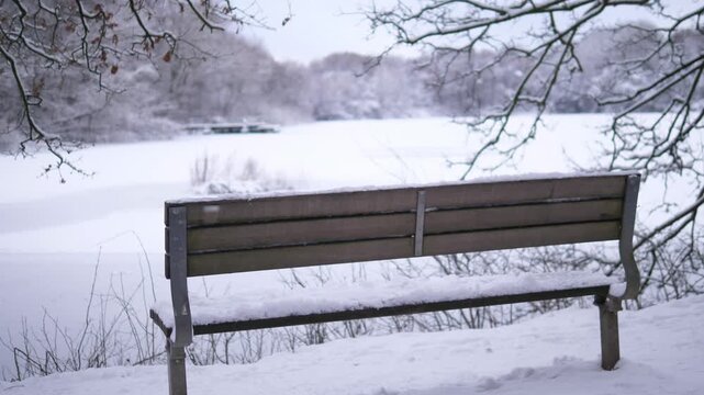 Peaceful winter park landscape covered in fresh snow, featuring a snow-covered wooden bench in the foreground and a frozen lake in the background