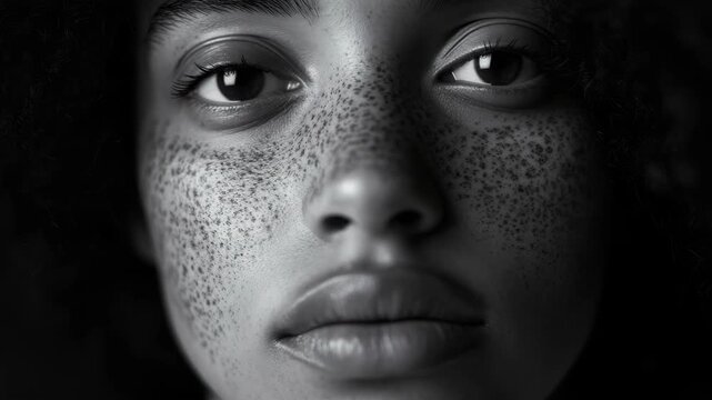 Black and white close-up of a woman's face. Her eyes gaze directly into the camera. Speckled skin adds texture to the portrait. Dark background emphasizes facial features