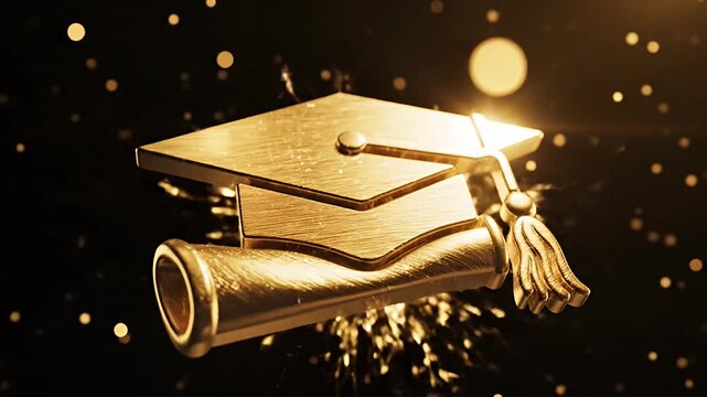 Golden graduation cap and scroll on dark background.