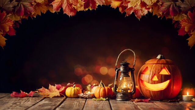 Autumn harvest lantern and carved pumpkins glowing on rustic wooden table at night