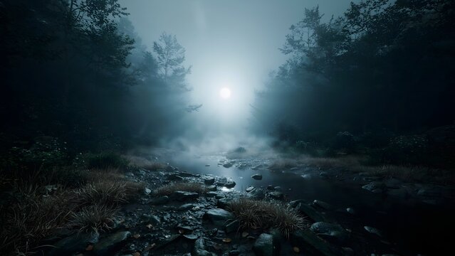 Misty forest sunbeam piercing through dense fog over muddy trail at dawn