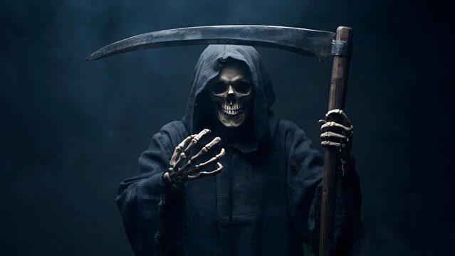 Grim Reaper holding a scythe in dark fog, scary hooded skeleton figure for Halloween horror