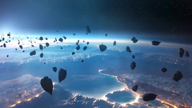 Dramatic aerial view of earth from space with scattered asteroid field and illuminated coastline at night