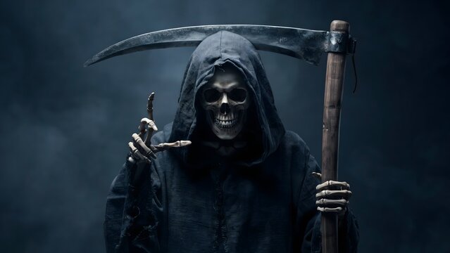 Grim Reaper holding a scythe in a dark hooded cloak for Halloween horror concept
