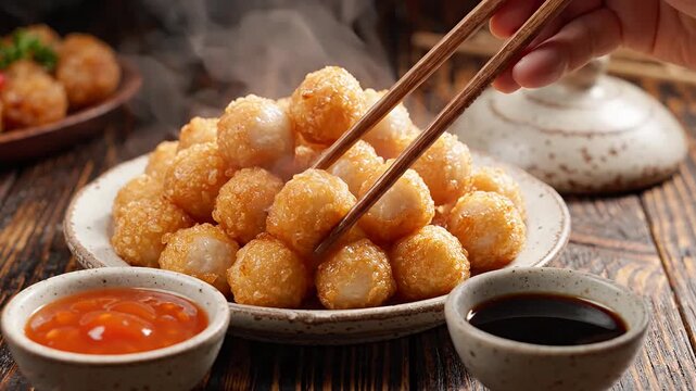 Golden fried snack balls with spicy dipping sauces.
