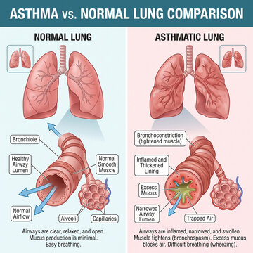 Anatomical illustration compares the structure of a normal human lung with a diseased asthmatic lung showing airway inflammation and restricted airflow for medical education and research purposes.