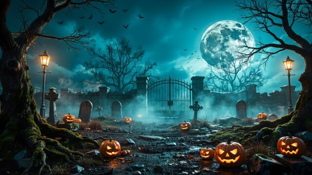Spooky Halloween graveyard with glowing pumpkins under a full moon at night.