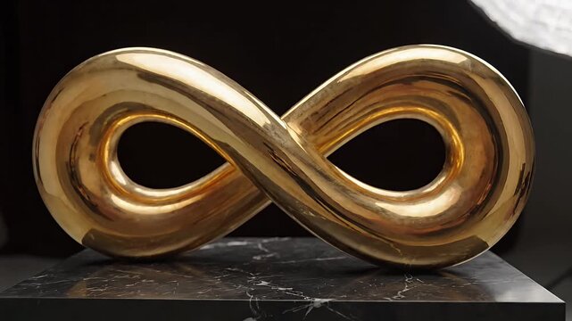Golden infinity symbol sculpture on a marble pedestal.