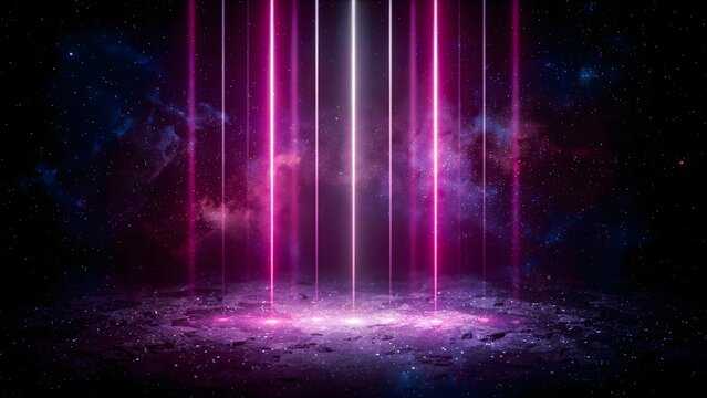 Abstract neon light stage with vertical glowing beams on a dark cosmic background