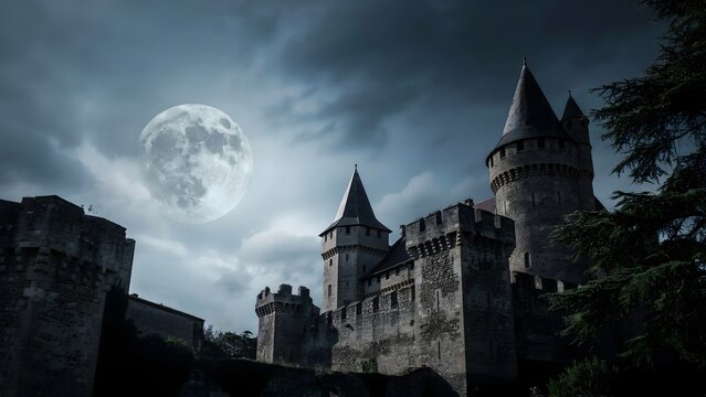 Dramatic medieval castle under full moon with stormy clouds and gothic architecture at night