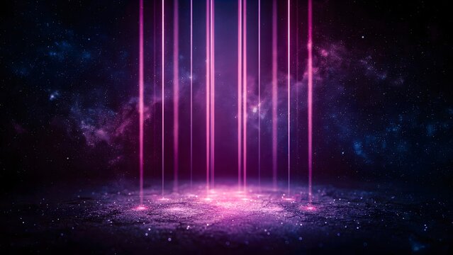 Abstract neon light background with vertical glowing beams and dark cosmic space texture