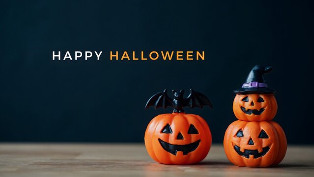 Happy Halloween greeting with cute jack-o-lantern pumpkins on a dark background