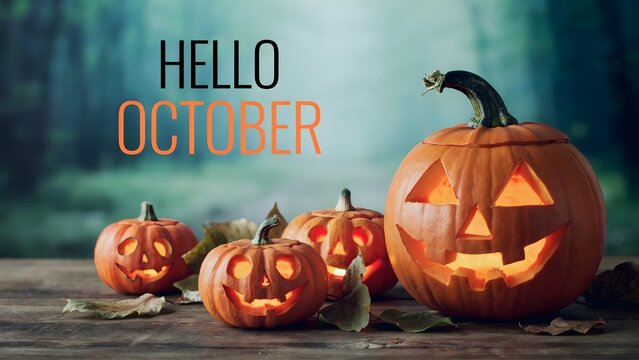 Hello October text with glowing Jack-o-lantern pumpkins on a rustic wooden table background