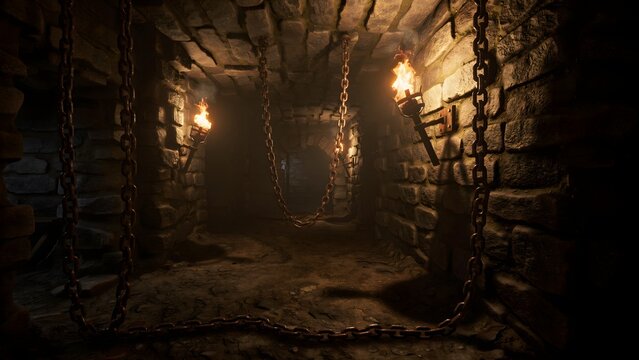 Dark medieval dungeon corridor with hanging iron chains and burning wall torches.