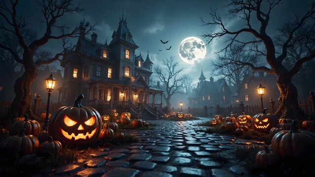 Haunted mansion with glowing jack-o-lanterns under full moon at Halloween night