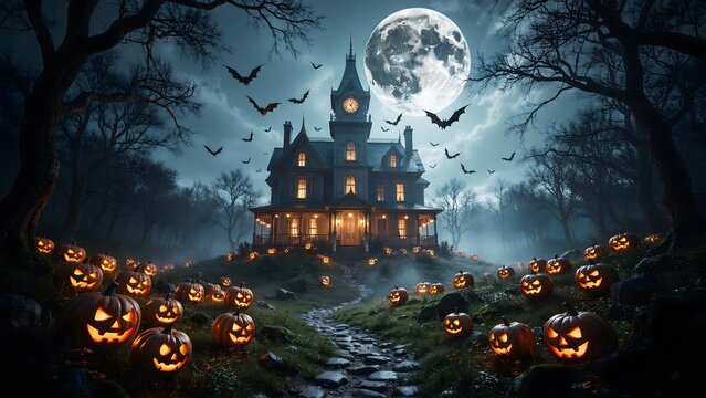 Spooky haunted mansion with glowing jack-o-lanterns under a full moon on Halloween night.