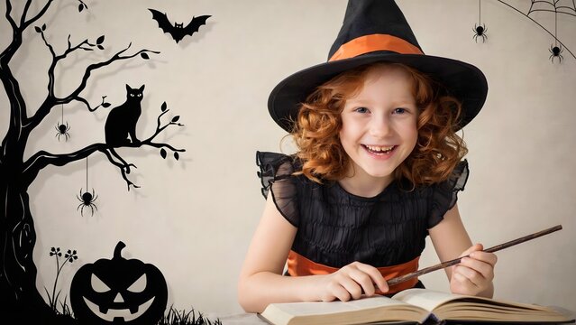 Happy redheaded girl in witch costume reading a magic book for Halloween celebration