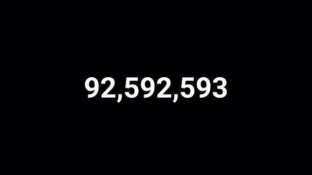 Number counter animation from zero to one hundred million numbers on a transparent background  with alpha channel , Counting Numbers from 0 to 100,000,000 , Counting number animation  