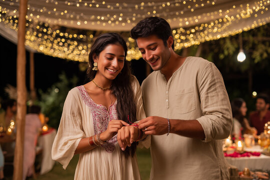 Beautiful Raksha Bandhan festival celebration featuring a loving brother and sister celebrating the sacred bond of siblings, with traditional rakhi, festive decorations, gifts, sweets, and a warm fami