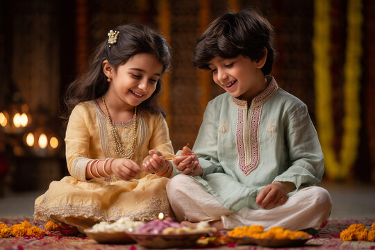 Beautiful Raksha Bandhan festival celebration featuring a loving brother and sister celebrating the sacred bond of siblings, with traditional rakhi, festive decorations, gifts, sweets, and a warm fami