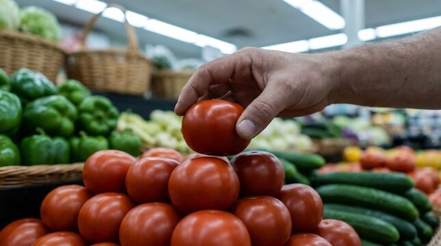 Close-up of a hand selecting a ripe red tomato from a fresh pile of vegetables in a supermarket produce section with green peppers and cucumbers in background