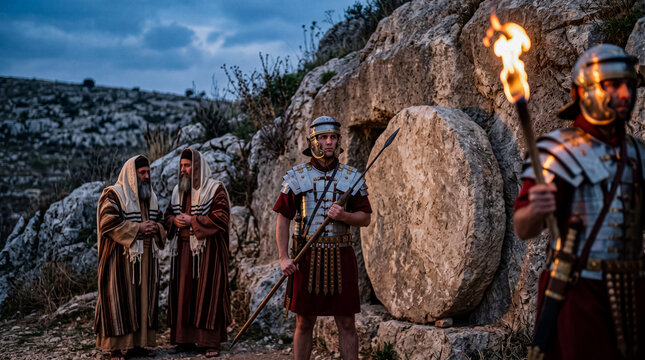 Roman soldiers guard Jesus&rsquo; tomb. Nearby, the Jewish high priests are conversing.	