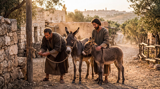 Two disciples of Jesus untie a donkey and her young colt.	