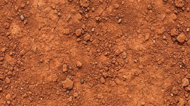 Top view of dry red soil texture background showing organic earth surface with small pebbles and dirt