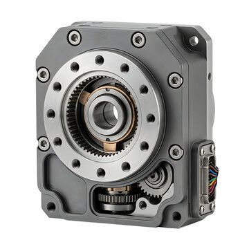 Precision industrial servo actuator with internal gear mechanism isolated on transparent background