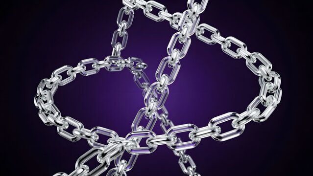 126. [STYLE] of a translucent glass chain link floating and multiplying into an endless spiraling sequence showing structural blockchain metaphor, dramatic dark studio lighting, electric silver and de