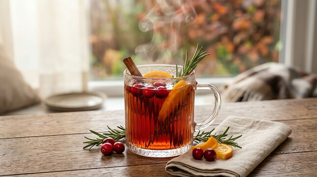 A glass mug of hot mulled cider with cinnamon sticks and cranberries on a rustic wooden table