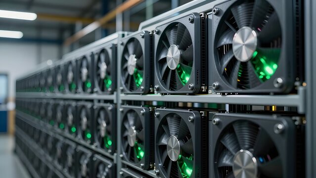137. [STYLE] of a cooling fan array mounted above rows of digital processing hardware showing dynamic motion blur and metallic housing texture, cool ambient industrial lighting, deep steel gray and el