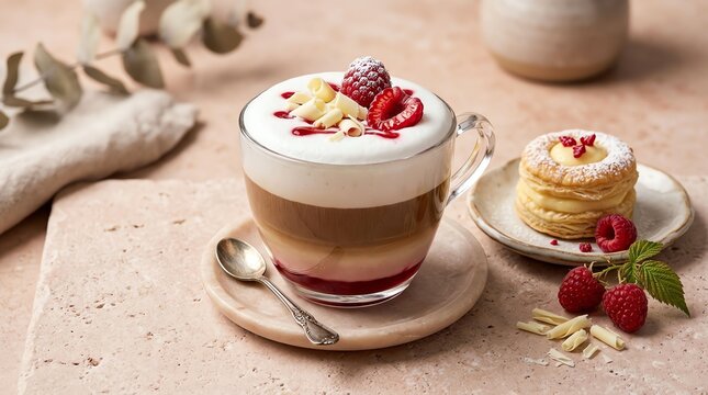 A tall glass of layered raspberry latte with whipped cream and fresh berries on a rustic table