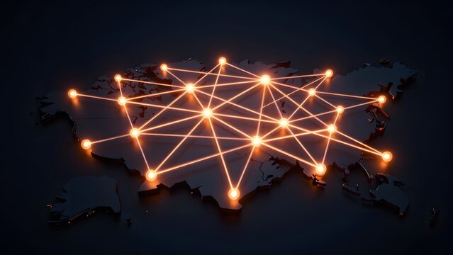 187. [STYLE] of an abstract logistics network concept showing glowing translucent delivery routes crisscrossing over a dark map-like silhouette, dramatic dark rim lighting, electric orange and deep na