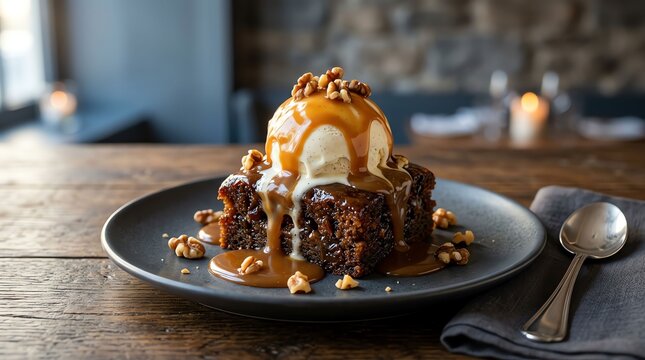 Delicious warm chocolate brownie topped with a scoop of vanilla ice cream and salted caramel sauce on plate