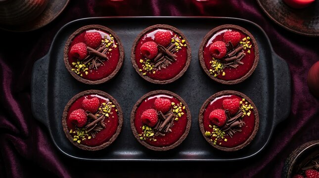 Top view of six gourmet chocolate raspberry tarts decorated with gold leaf on a dark elegant tray