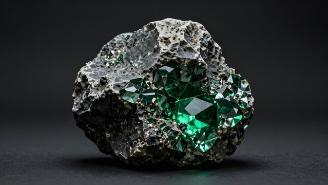191. [STYLE] of an abstract raw material concept showing a rough textured stone gradually transforming into a polished translucent glass gem, dramatic dark studio lighting, deep charcoal and electric