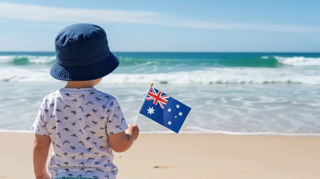 Young child holding an australian flag on a sunny beach