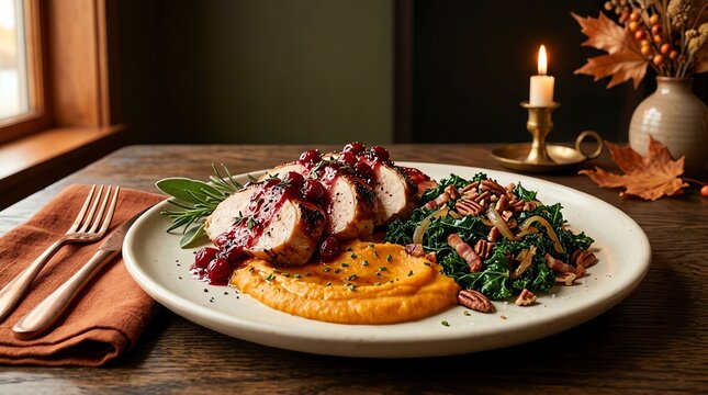 Roasted pork tenderloin served with mashed sweet potatoes and saut ed kale on a rustic wooden dining table