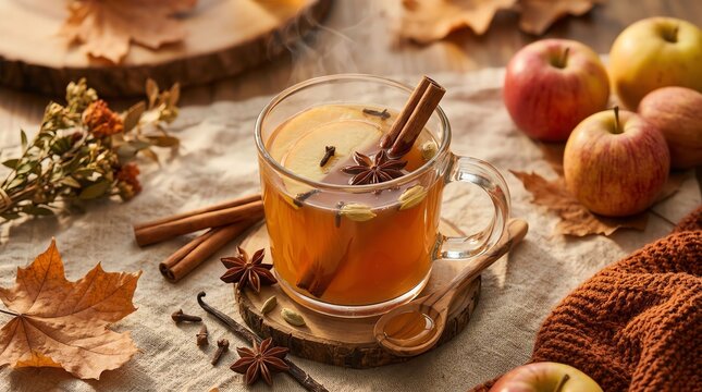 Warm spiced apple cider in a glass mug with cinnamon sticks and fresh autumn apples on a rustic table