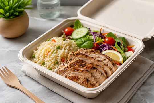 Healthy grilled chicken and bulgur salad in a disposable cardboard container with fresh vegetables