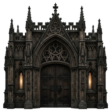 Gothic architecture entrance with ornate wooden doors and stone carvings isolated on a transparent background