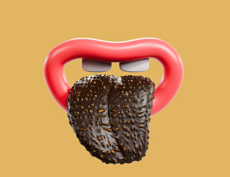 stylised 3d lips and chocolate tongue, on yellow background