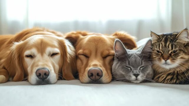 A heartwarming of two dogs and a cat cuddled together in bed, all sleeping peacefully with their eyes closed.