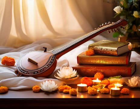 saraswati puja sacred veena resting beside beautifully arranged books fountain pen lotus flowers glowing clay diyas and subtle white silk fabric