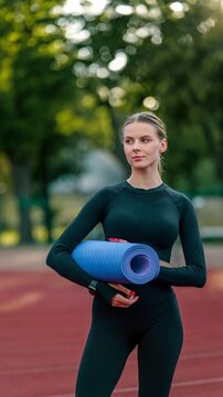 Young woman in athletic wear holding a rolled yoga mat on a track