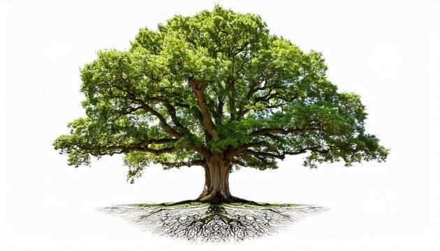 large oak tree with roots isolated on white background